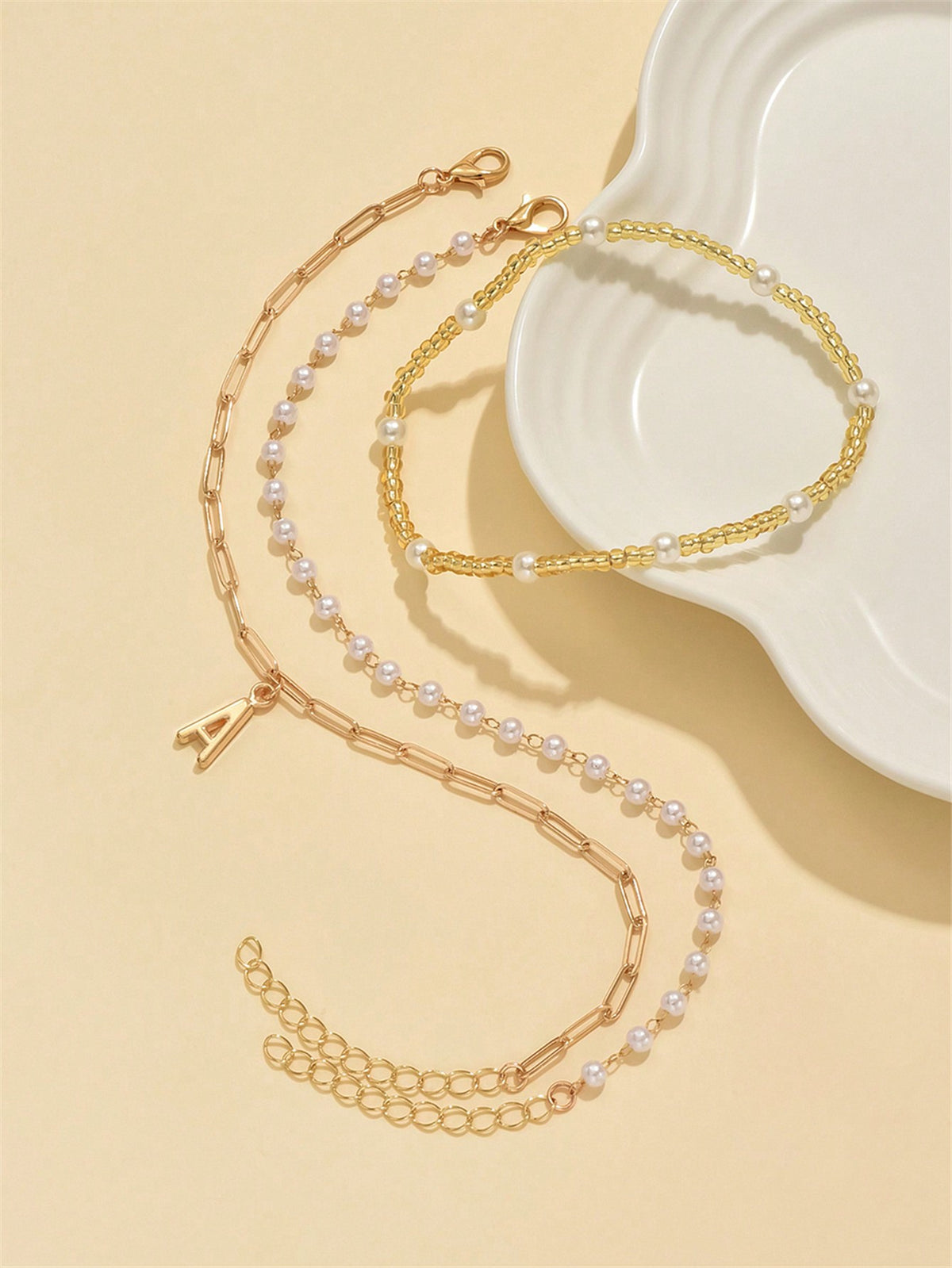 3pcs set Gold-tone Pendant Tassel Beaded Anklet