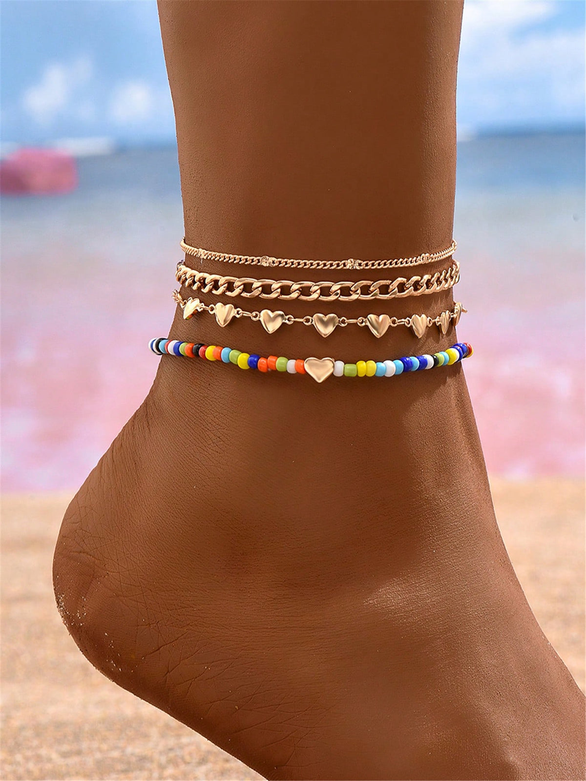 3pcs set Gold-tone Pendant Tassel Beaded Anklet