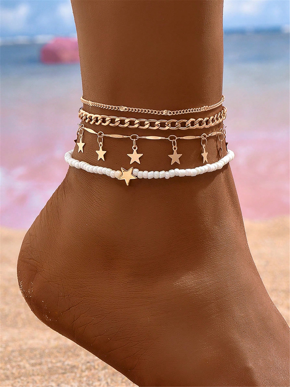3pcs set Gold-tone Pendant Tassel Beaded Anklet
