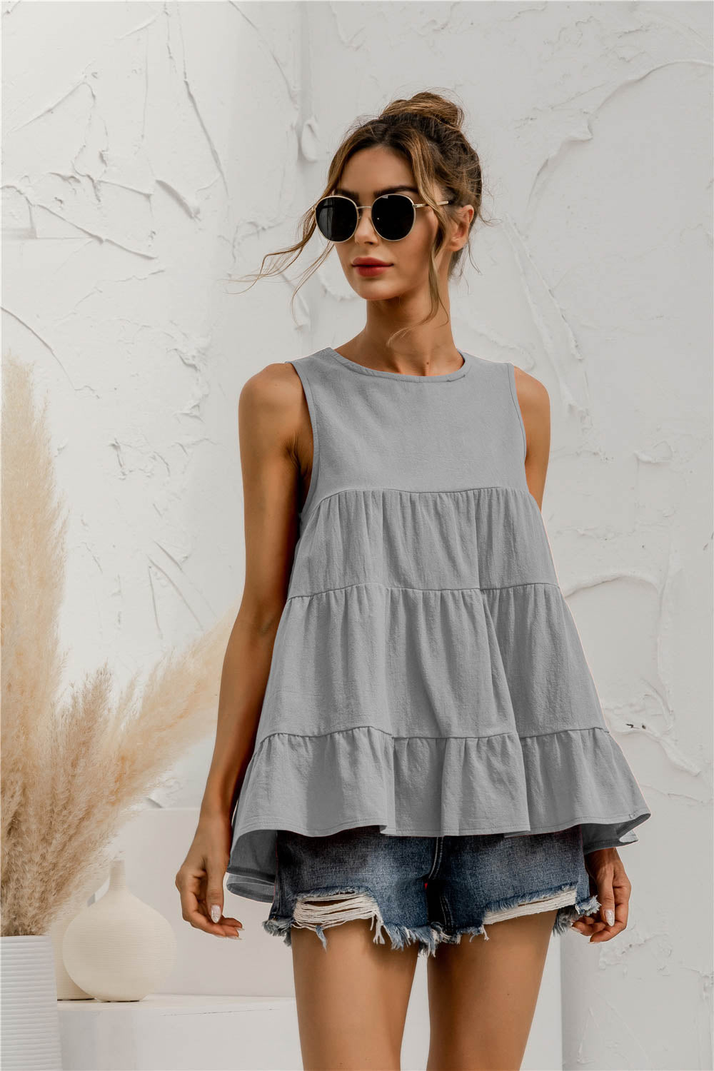 POL Textured Knit Round Neck Tank with Lace Detail