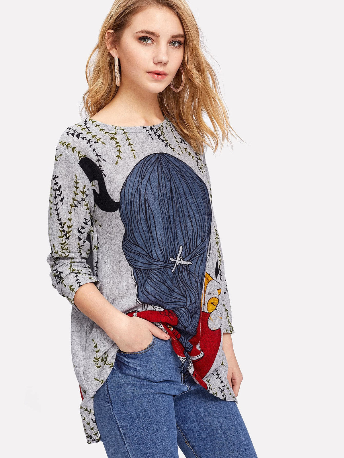 Random Cartoon Print Back Longline Tee -