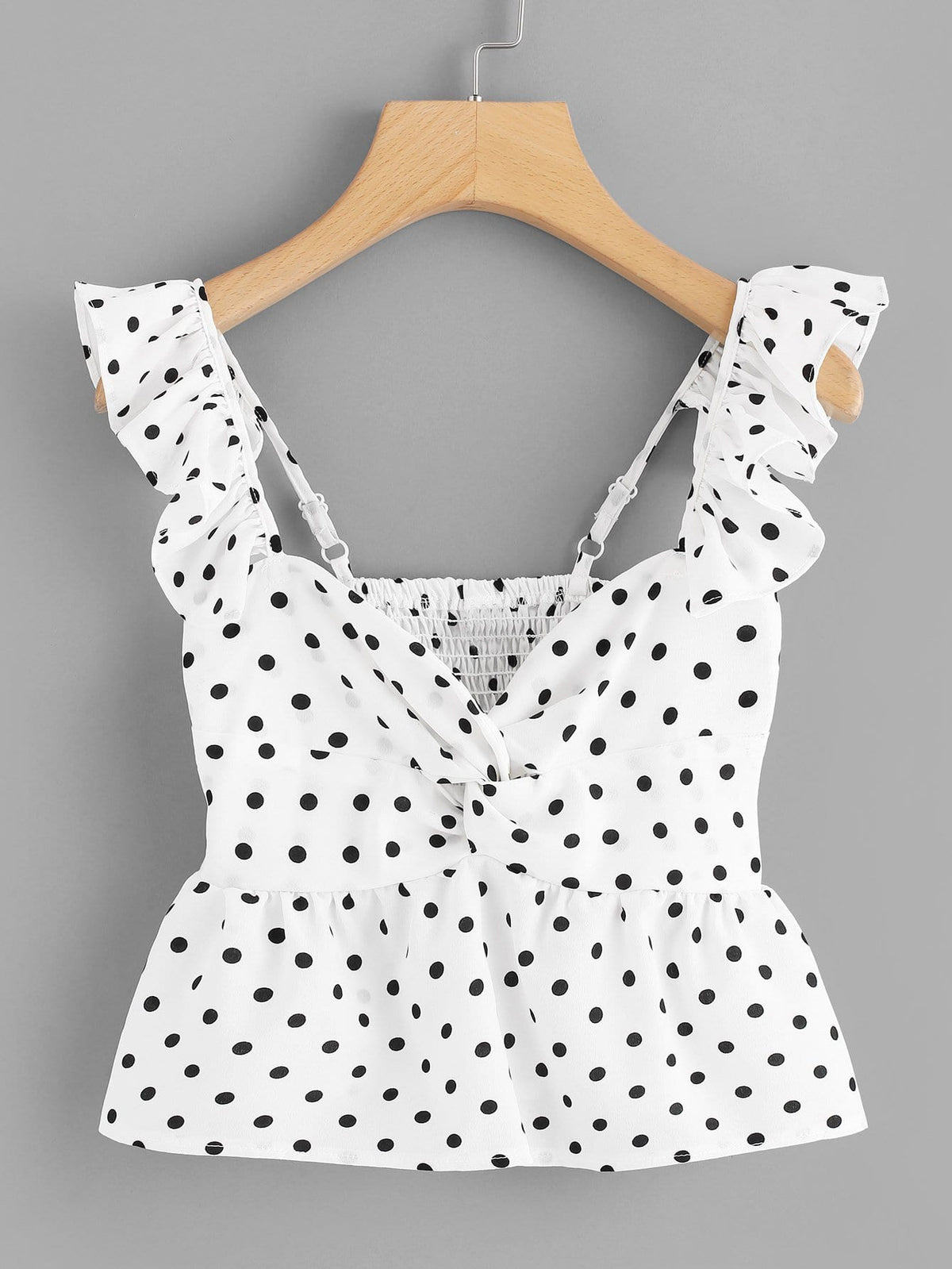 Twist Front Frill Trim Polka Dot Top - Black and White / L