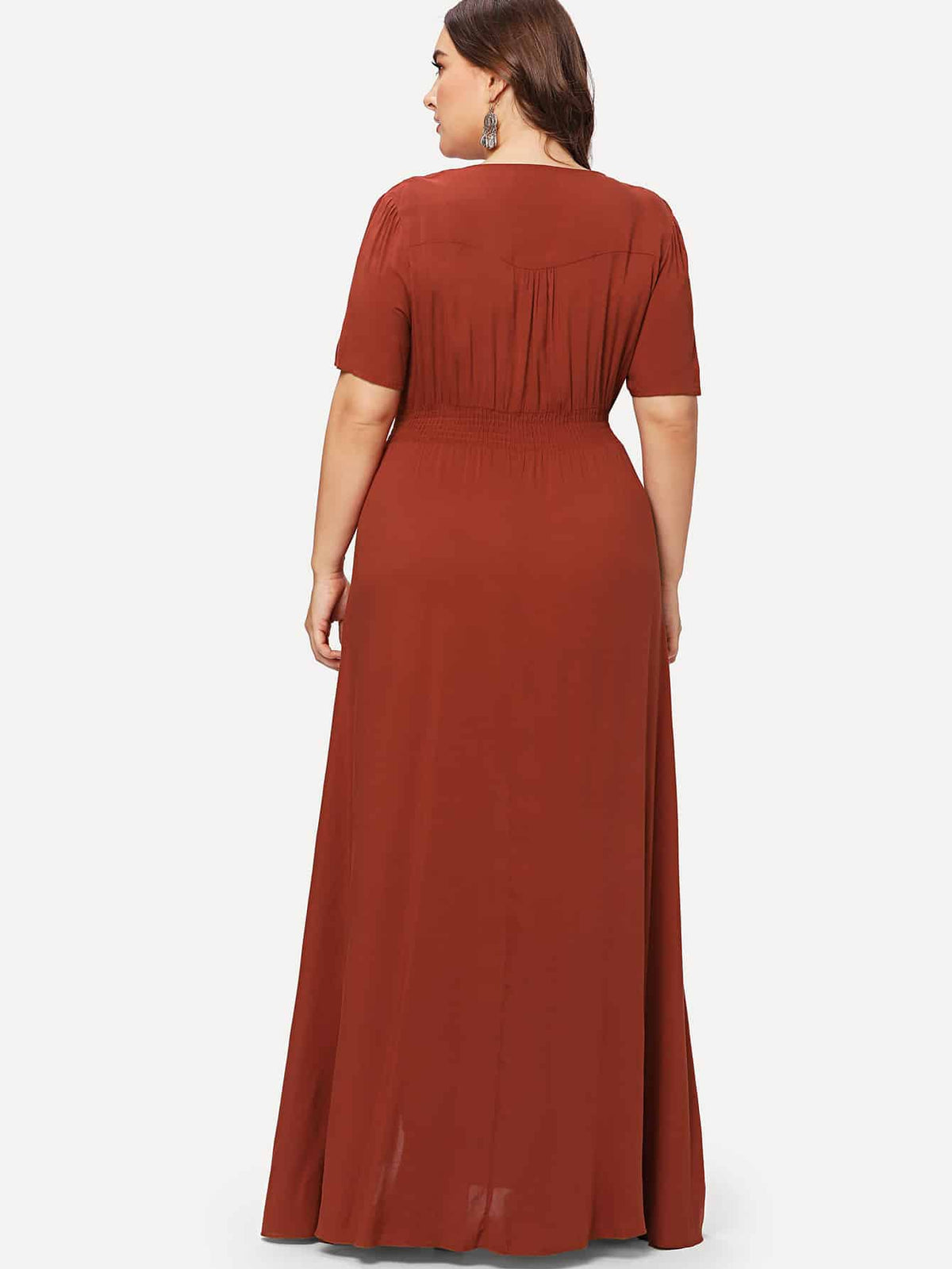 Shirred Waist Slit Hem Fit and Flare Dress -