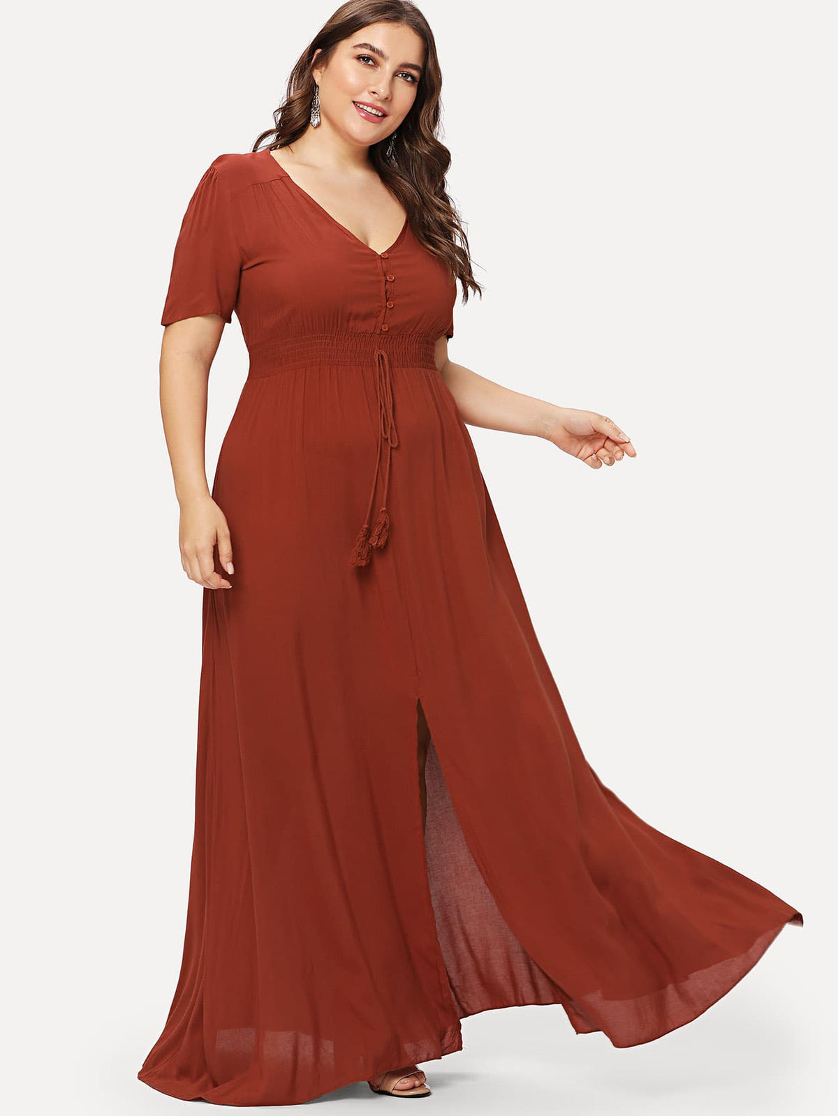 Shirred Waist Slit Hem Fit and Flare Dress -