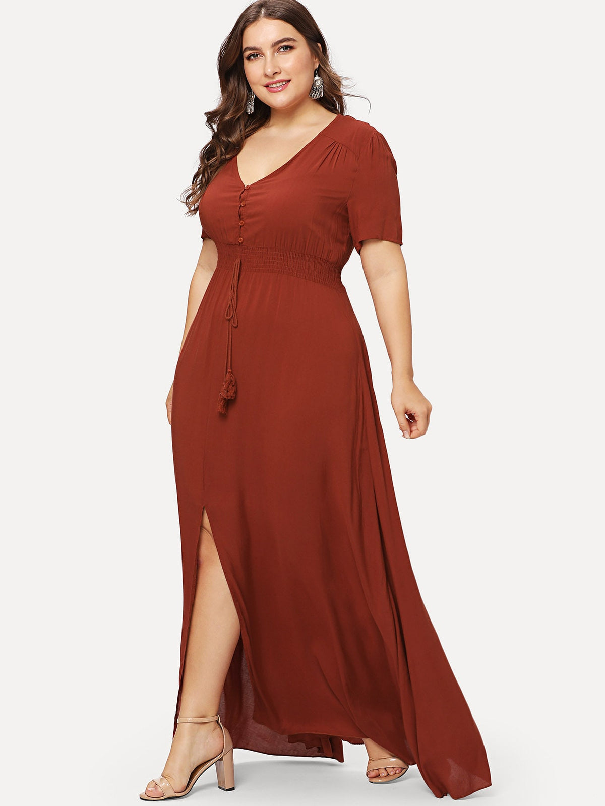 Shirred Waist Slit Hem Fit and Flare Dress -