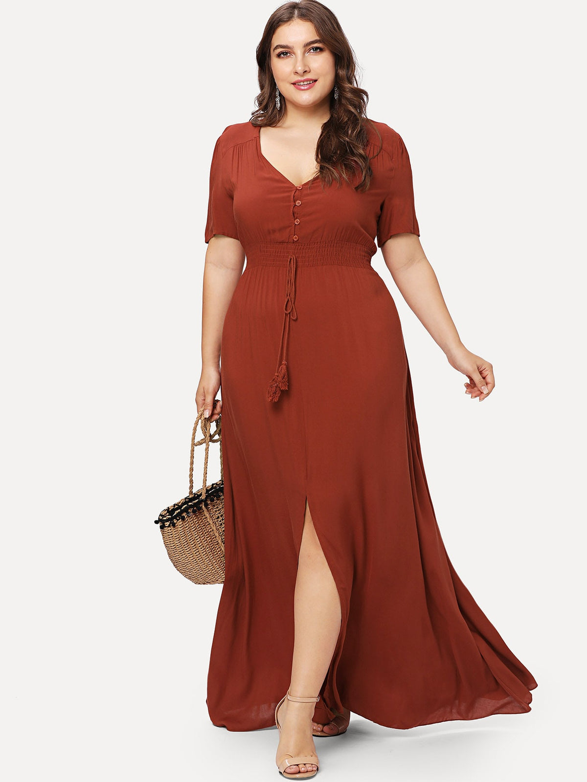 Shirred Waist Slit Hem Fit and Flare Dress -