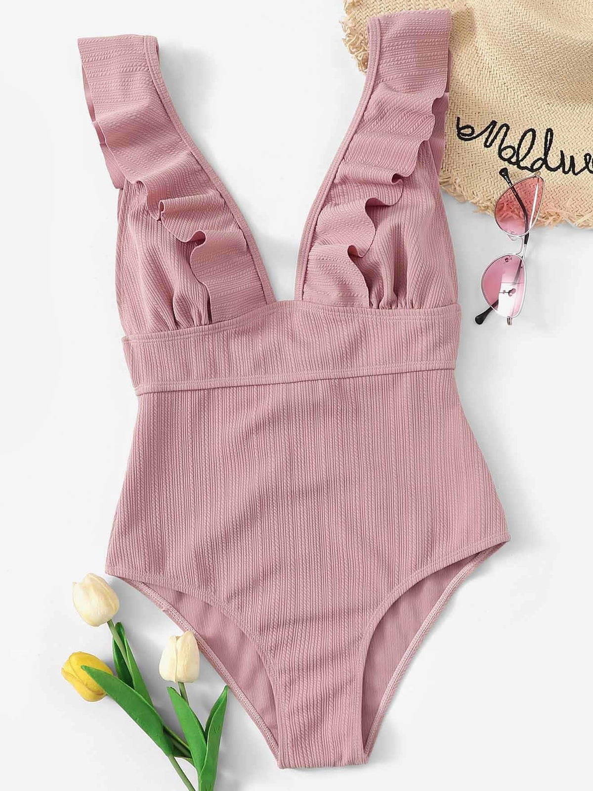 Ruffle Trim Textured One Piece Swimsuit - Dusty Pink / XL