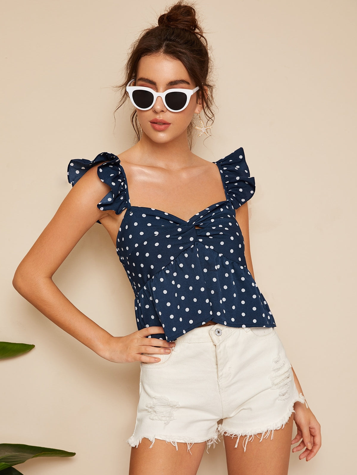 Twist Front Frill Trim Polka Dot Top -