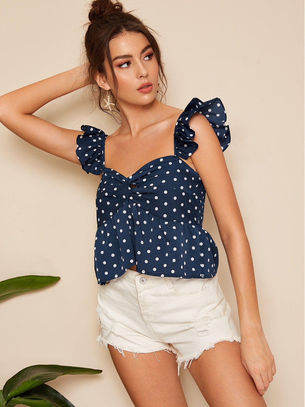 Twist Front Frill Trim Polka Dot Top -