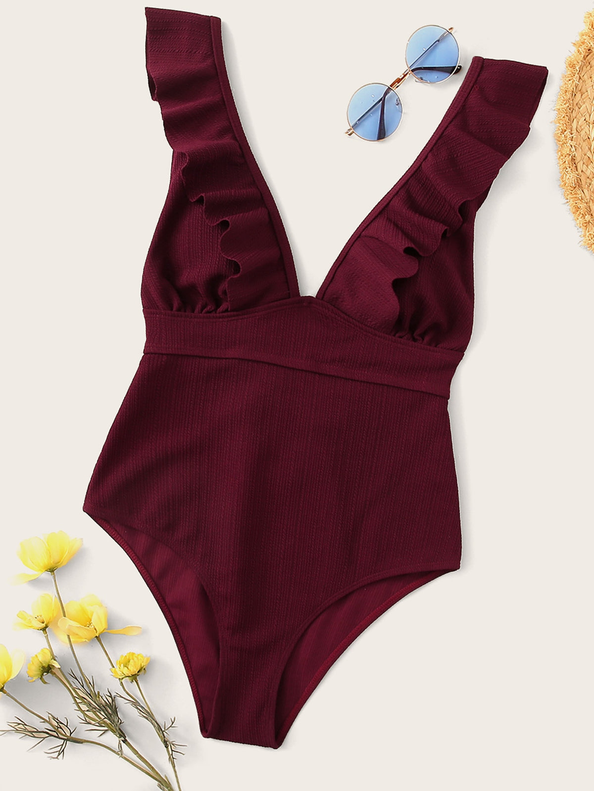 Ruffle Trim Textured One Piece Swimsuit - Burgundy / XL