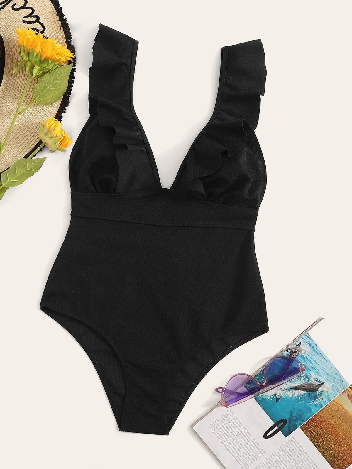 Ruffle Trim Textured One Piece Swimsuit - Black / XL