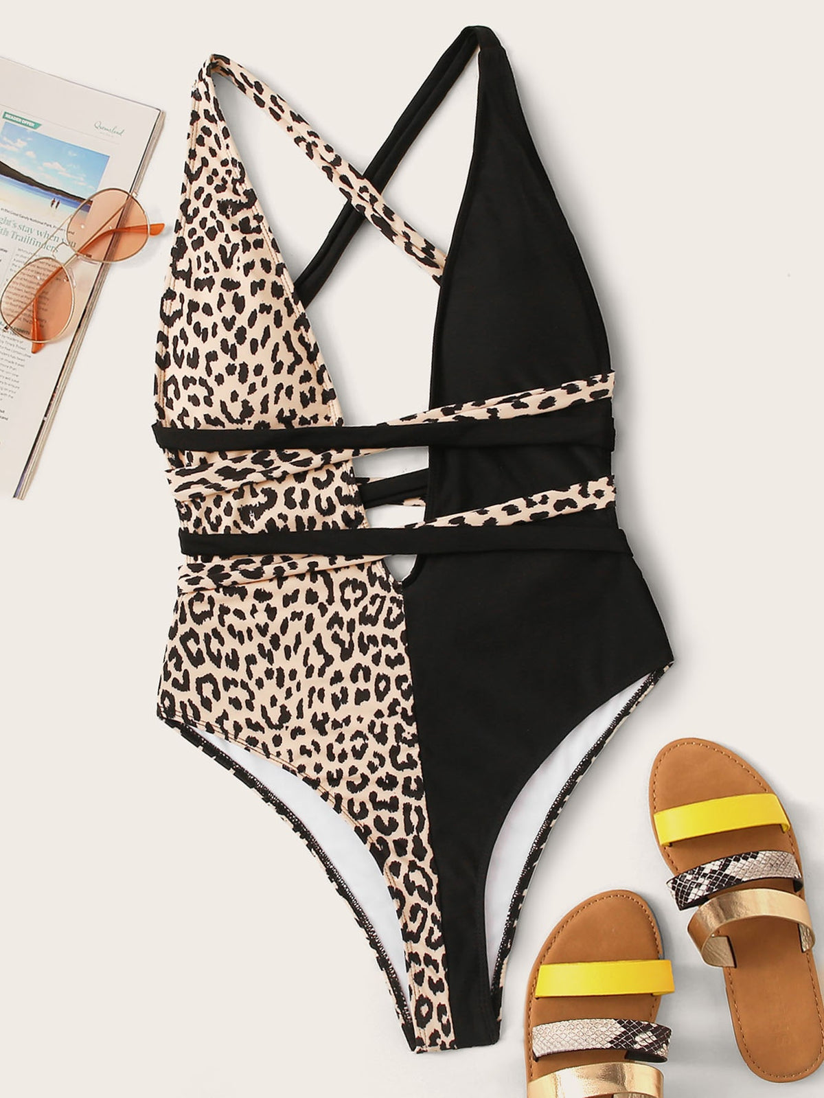 Leopard Print Criss Cross One Piece Swimsuit -