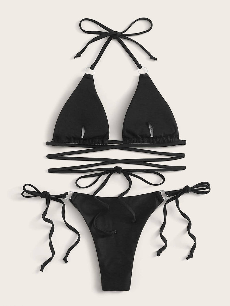 Black Halter Top With Body Straps Bikini Set -