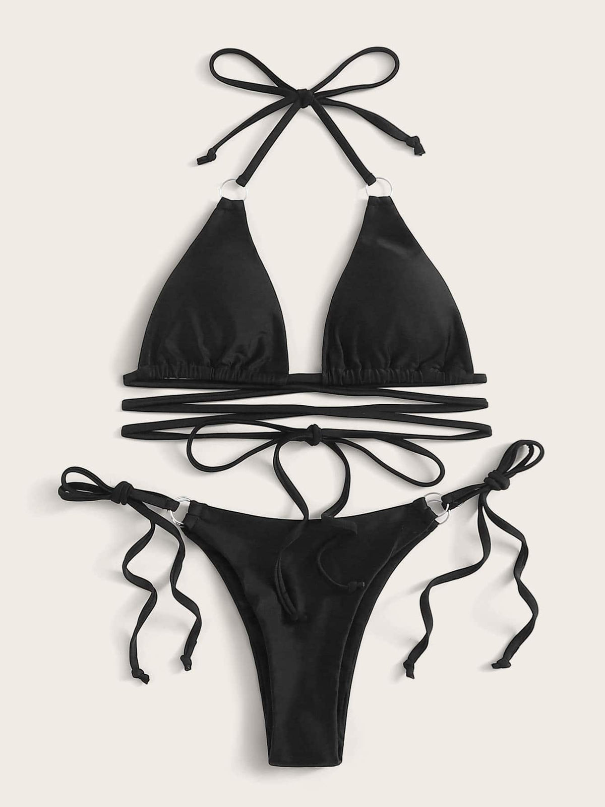 Black Halter Top With Body Straps Bikini Set -