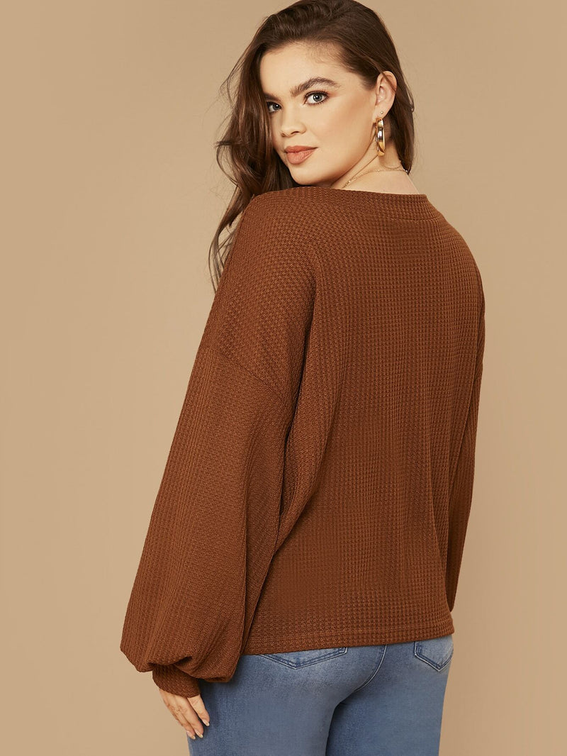 Plus Size Drop Shoulder Waffle Knit Top with Lantern Sleeve -