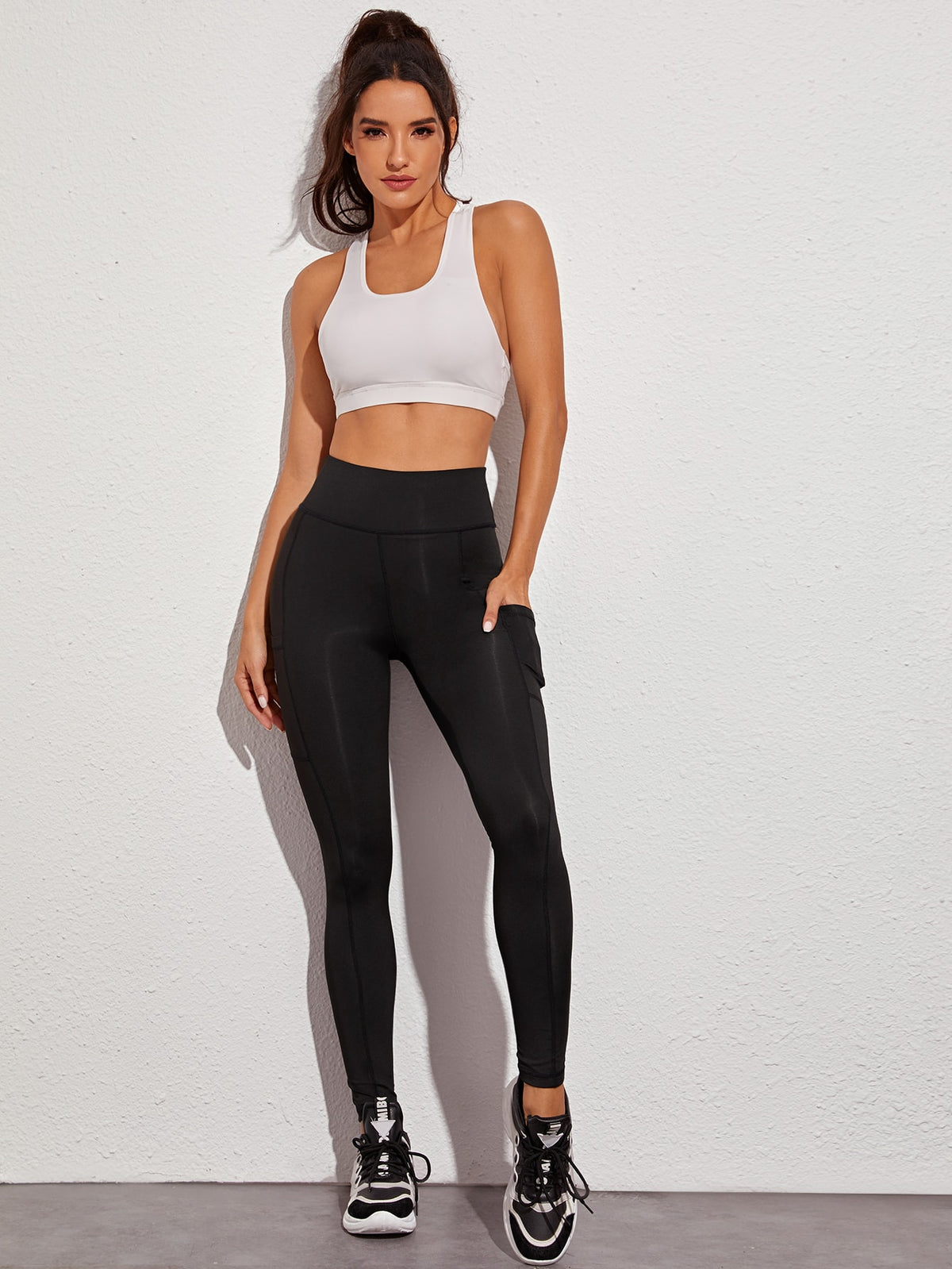 Pocket Wide Band Waist Sports Leggings -