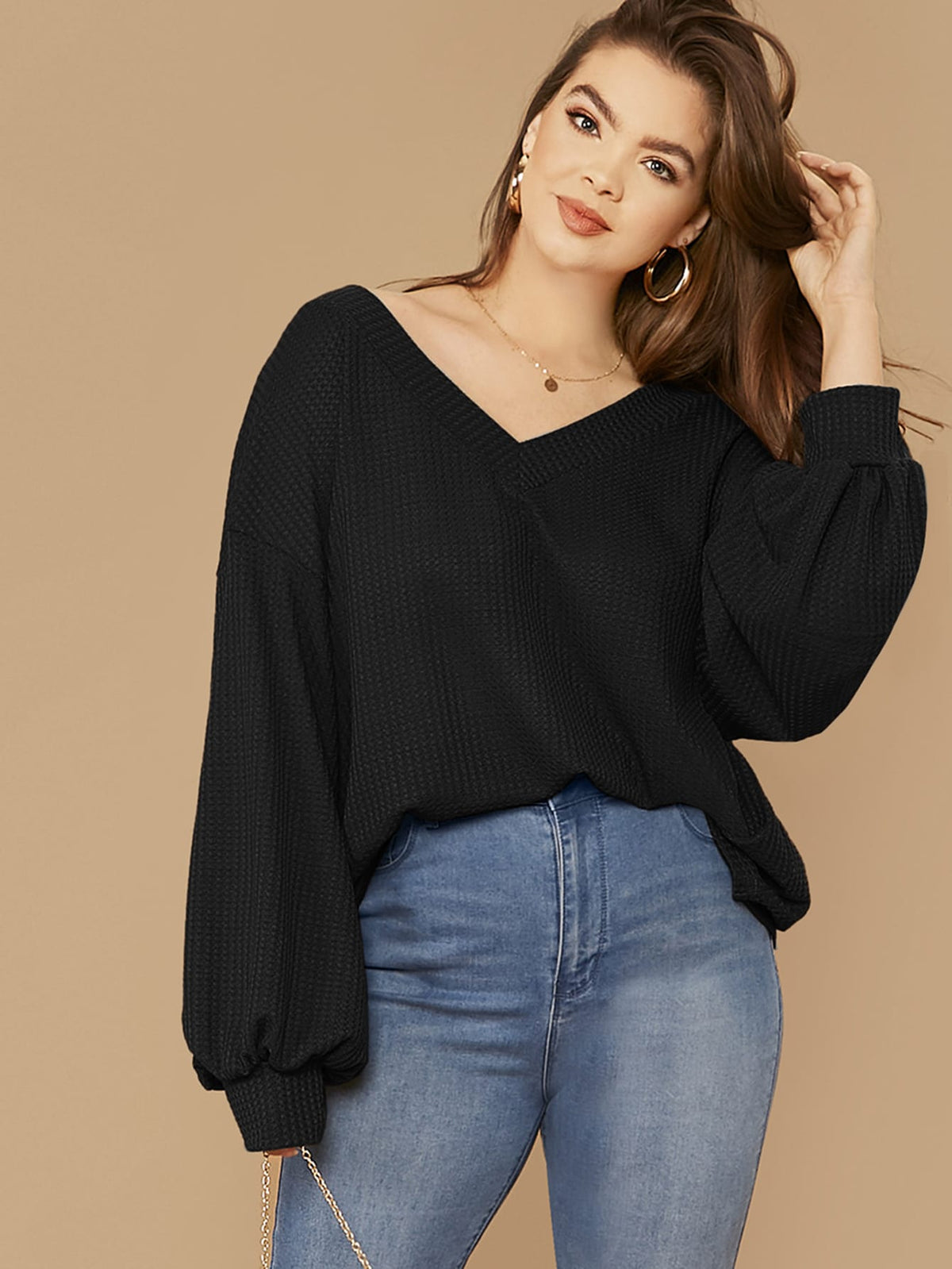 Plus Size Waffle Knit Top - Black / 4XL