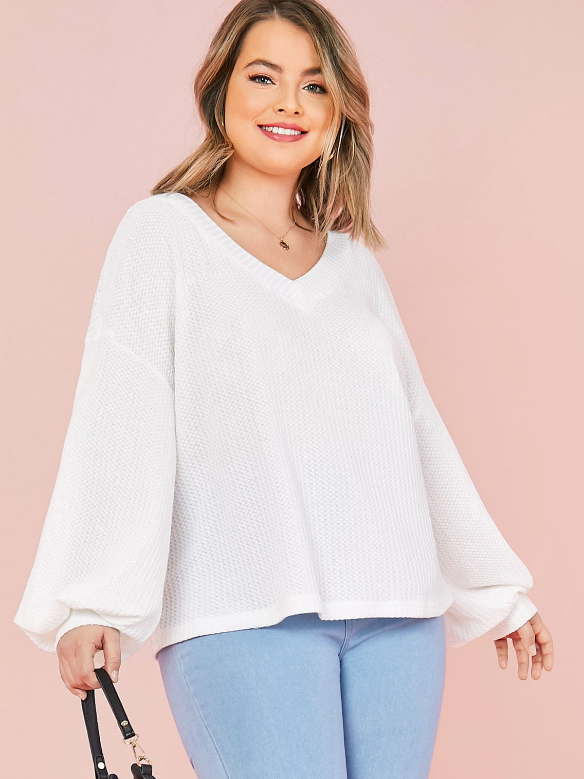 Plus Size Waffle Knit Top - White / 4XL