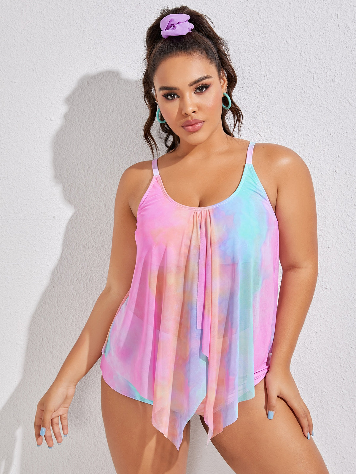 Plus Sheer Swimsuit in Washed Tie Dye - Multicolor / 4XL