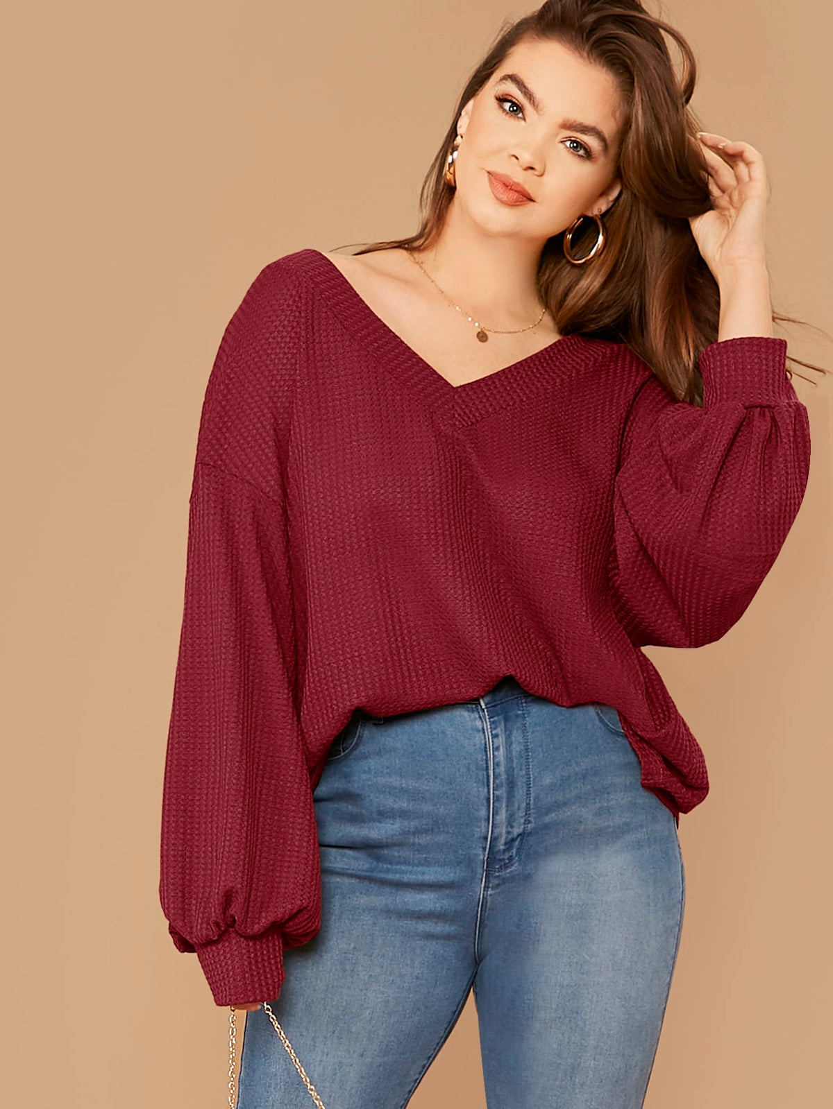 Plus Size Waffle Knit Top - Burgundy / 4XL
