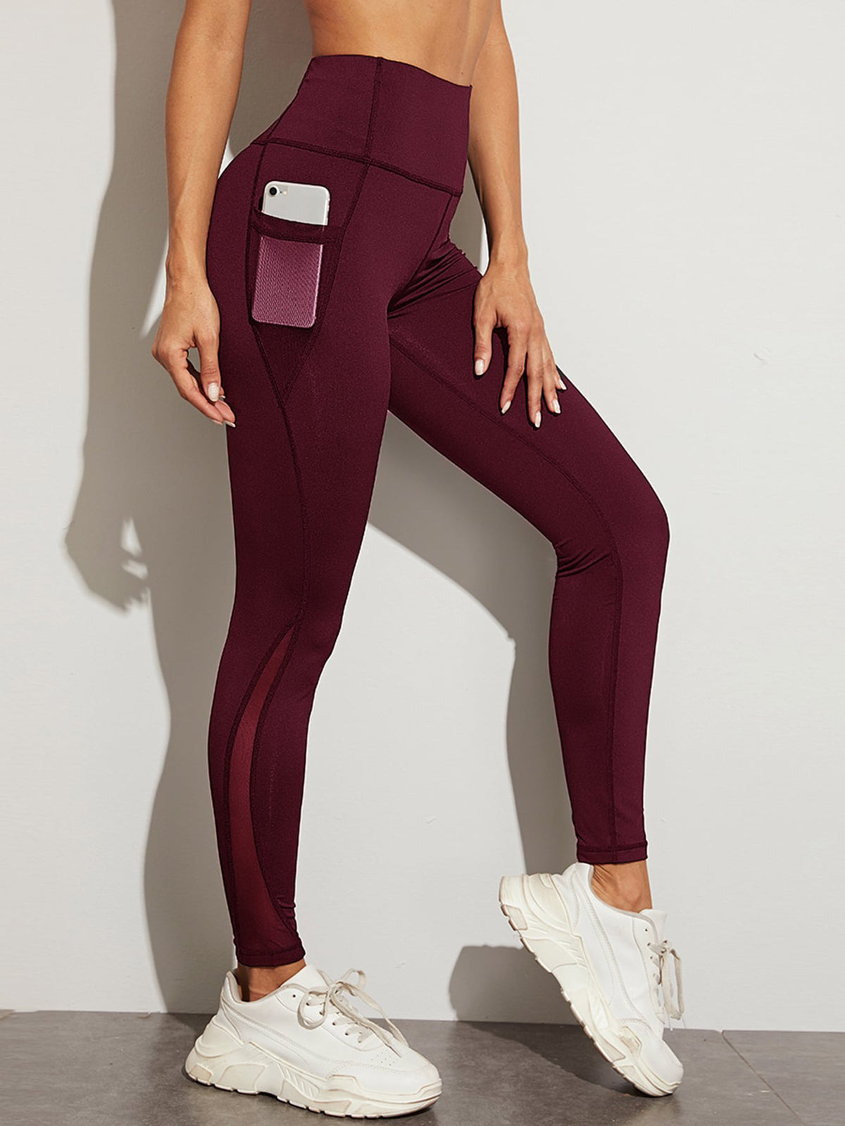 Mesh Panel with Side Pocket Leggings - Maroon / XL