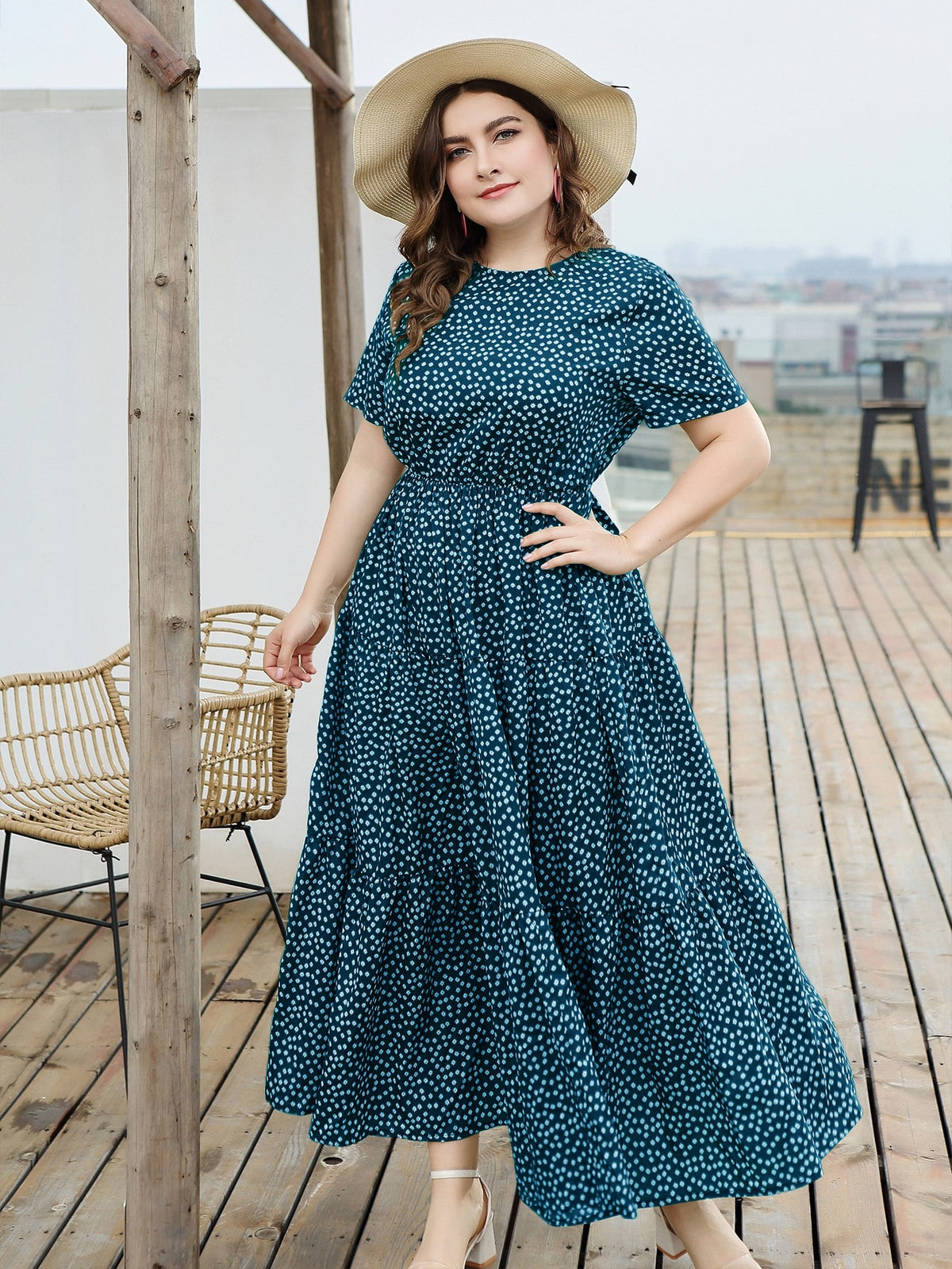 Plus Floral Swing Maxi Dress with Ruffle Hem - Teal Blue / 4XL