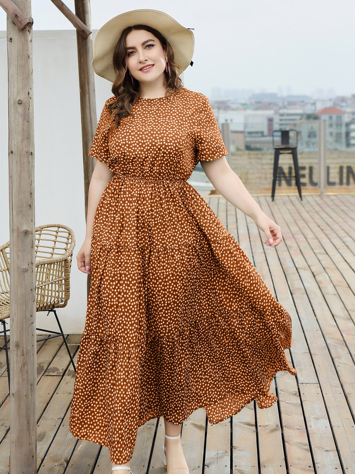 Plus Floral Swing Dress with Ruffle Hem - Burnt Orange / 4XL