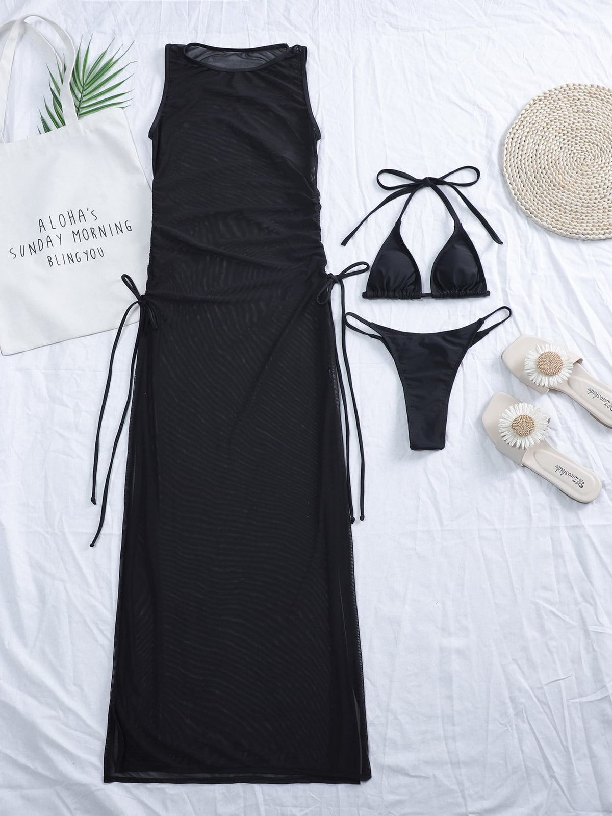 3 Piece Halter Bikini Swimsuit Mesh with Micro Triangle