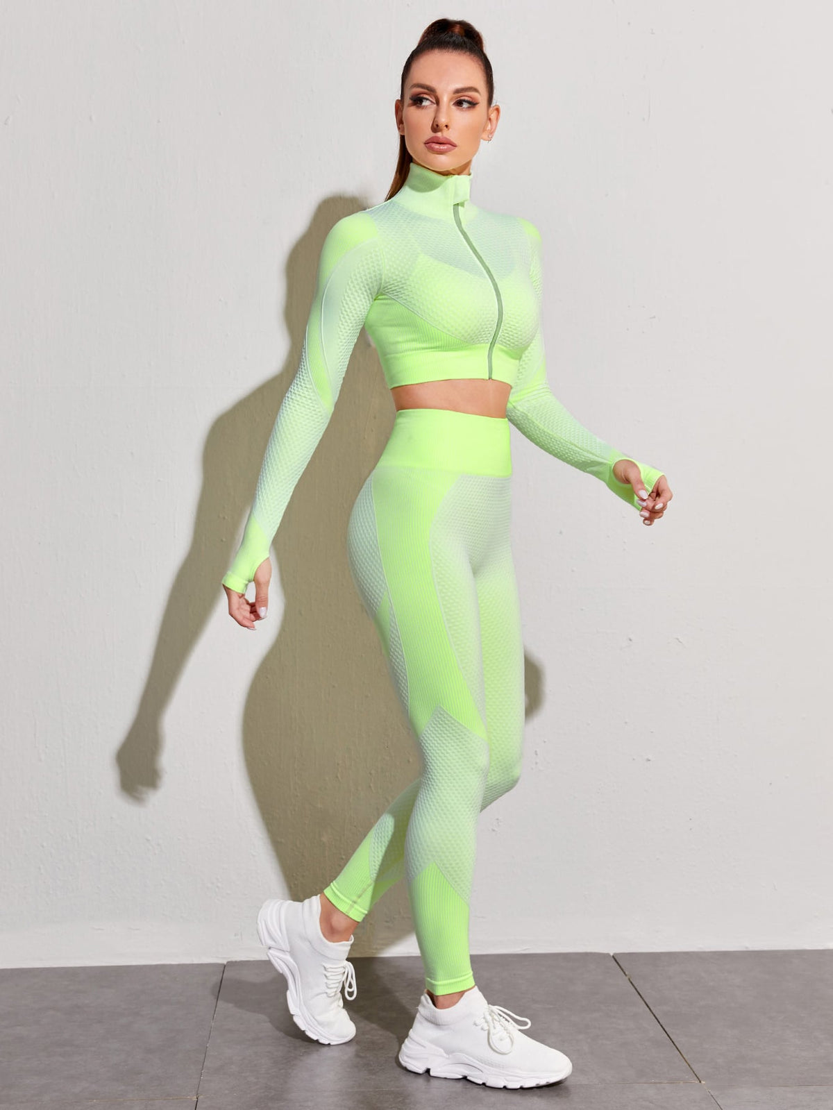 Zip Up Textured Crop Jacket & Leggings Sports Set -