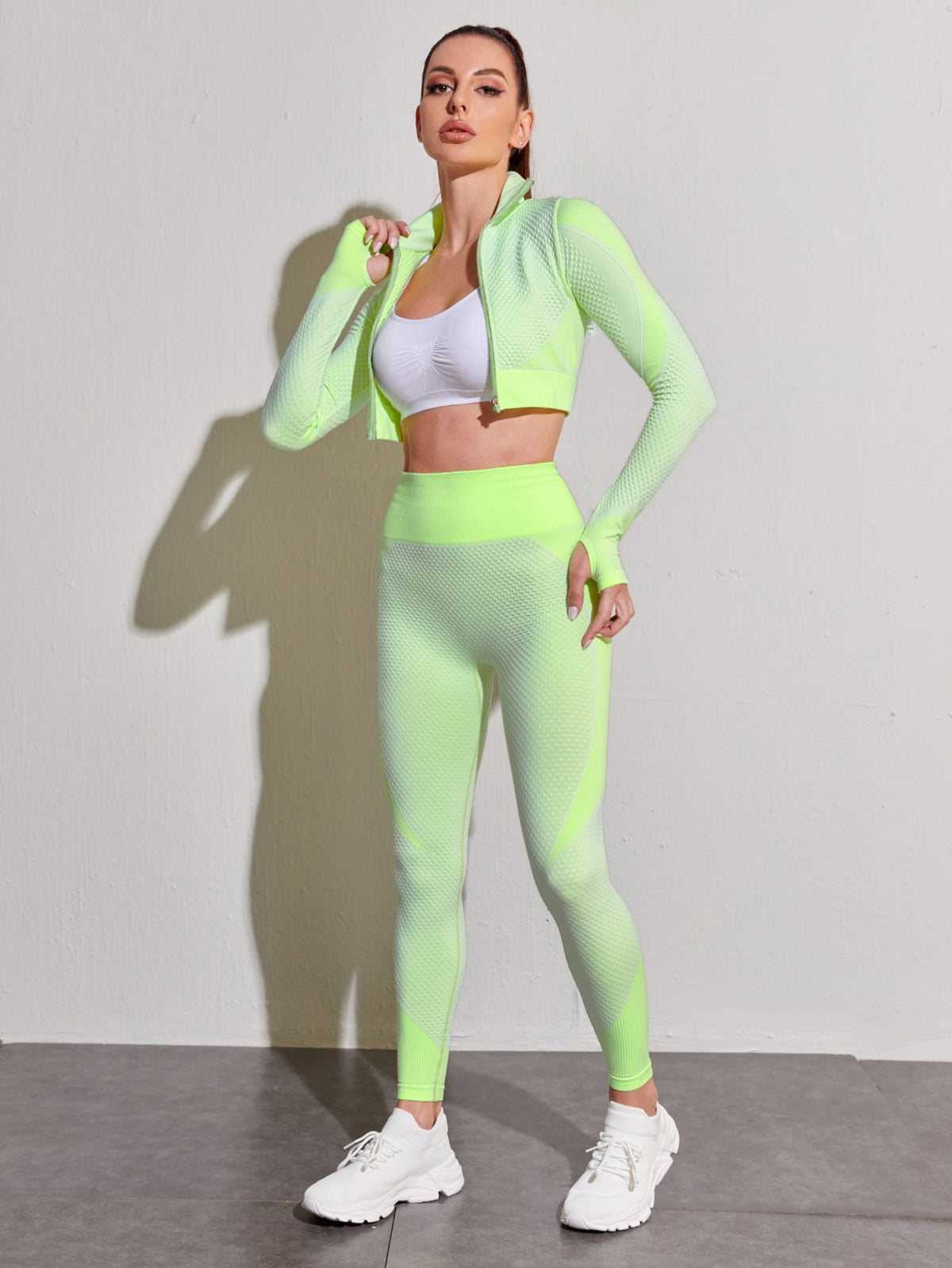 Zip Up Textured Crop Jacket & Leggings Sports Set -