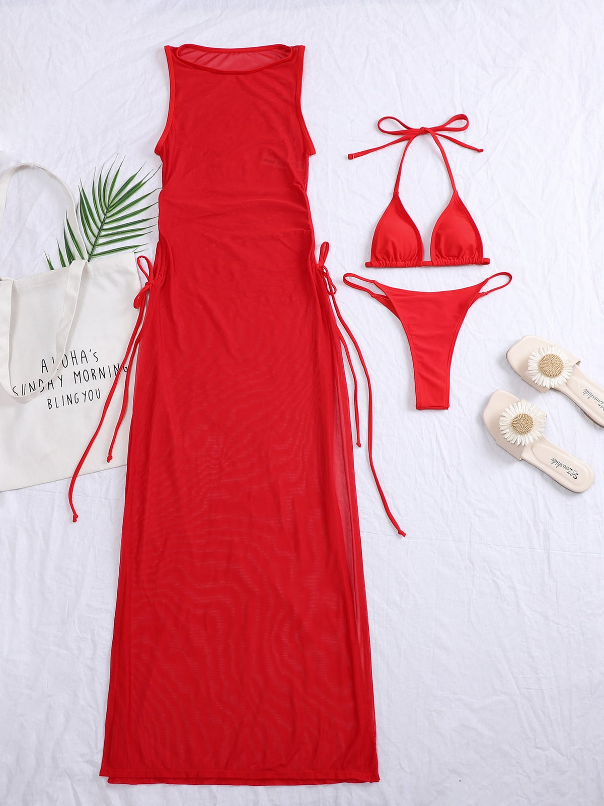 3 Piece Halter Bikini Swimsuit Mesh with Micro Triangle
