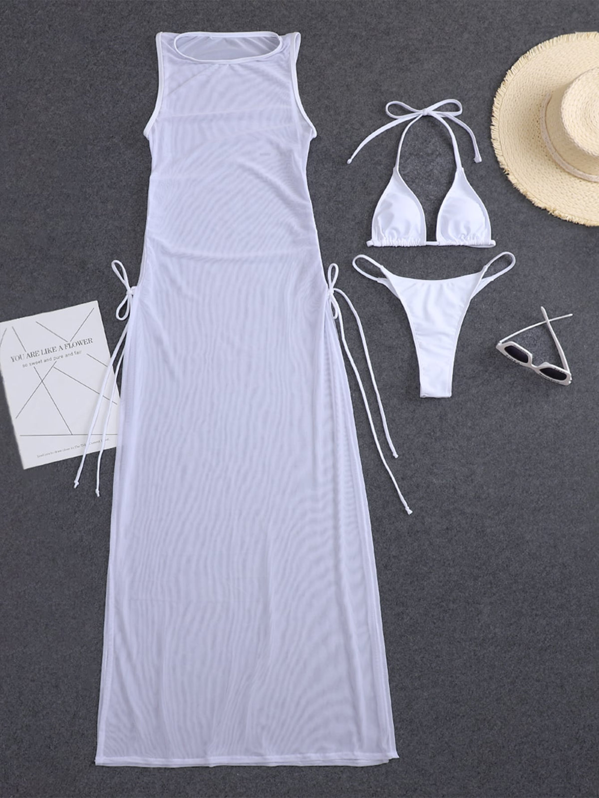 3 Piece Halter Bikini Swimsuit Mesh with Micro Triangle