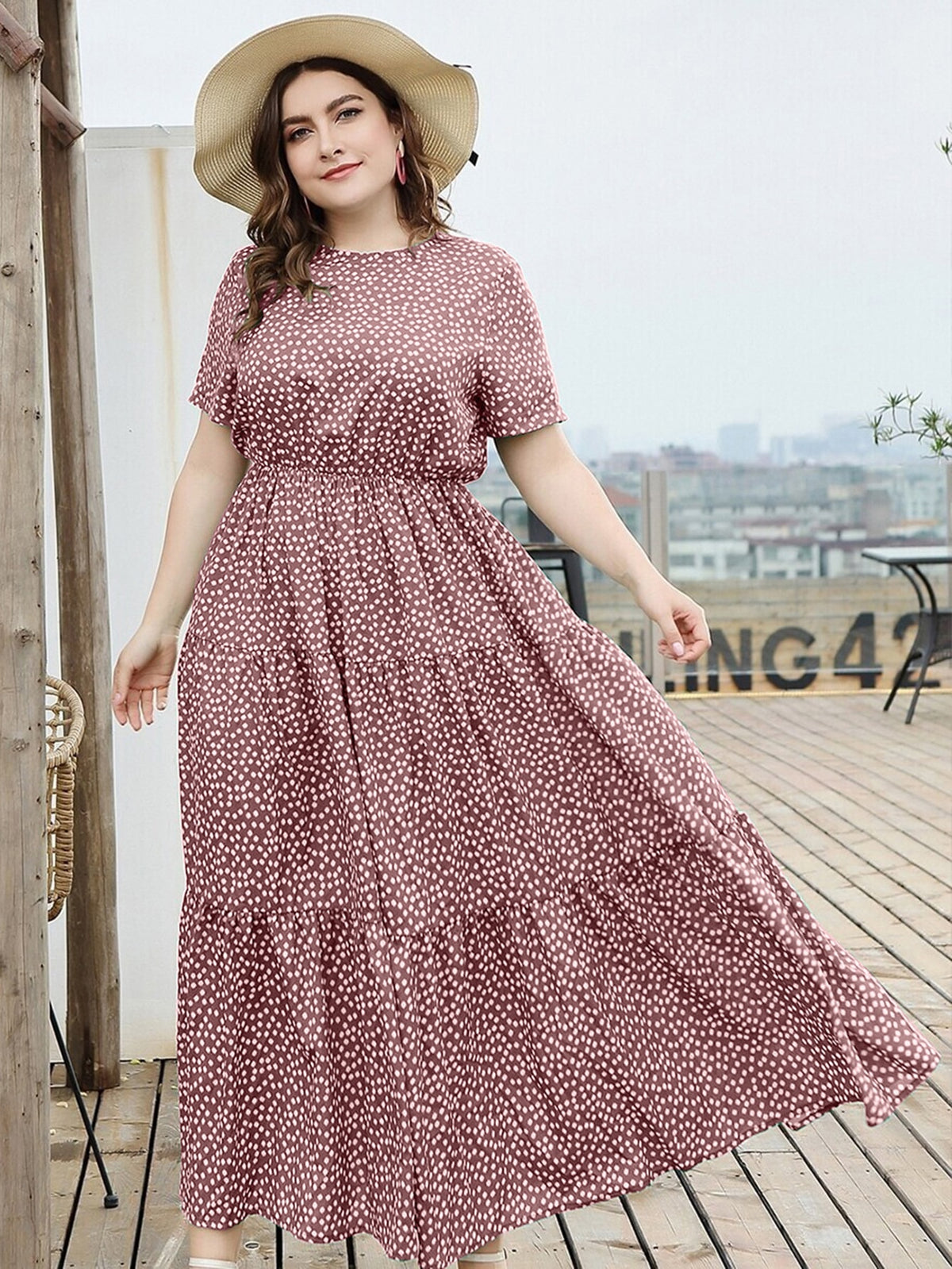 Plus Floral Swing Maxi Dress with Ruffle Hem - Dusty Pink / 4XL