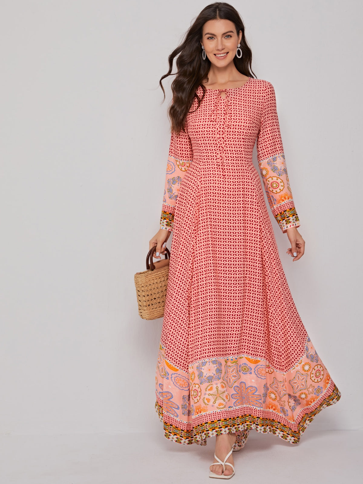 Asymmetrical Hem Dress with Tie Neck -