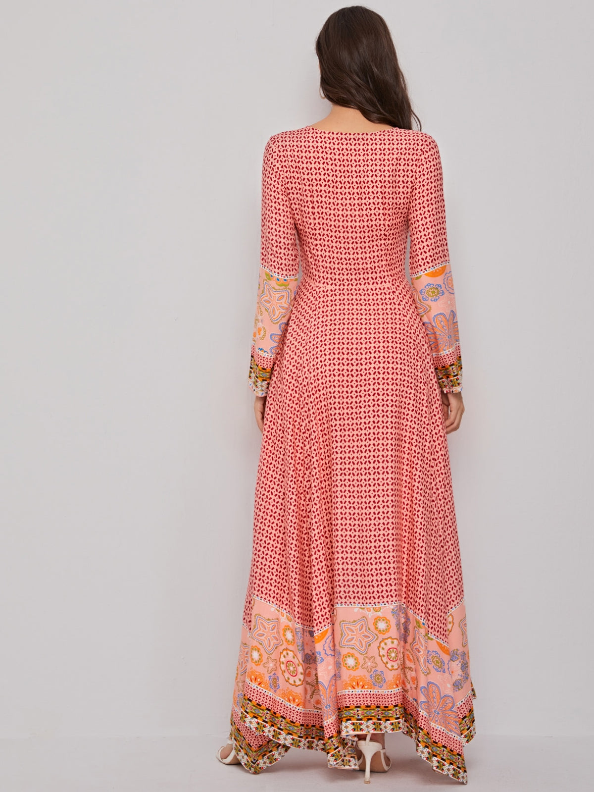 Asymmetrical Hem Dress with Tie Neck -