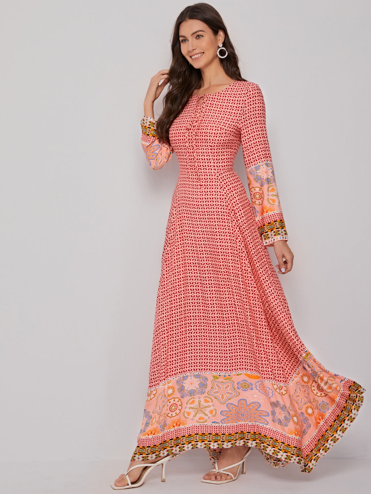 Asymmetrical Hem Dress with Tie Neck - XL