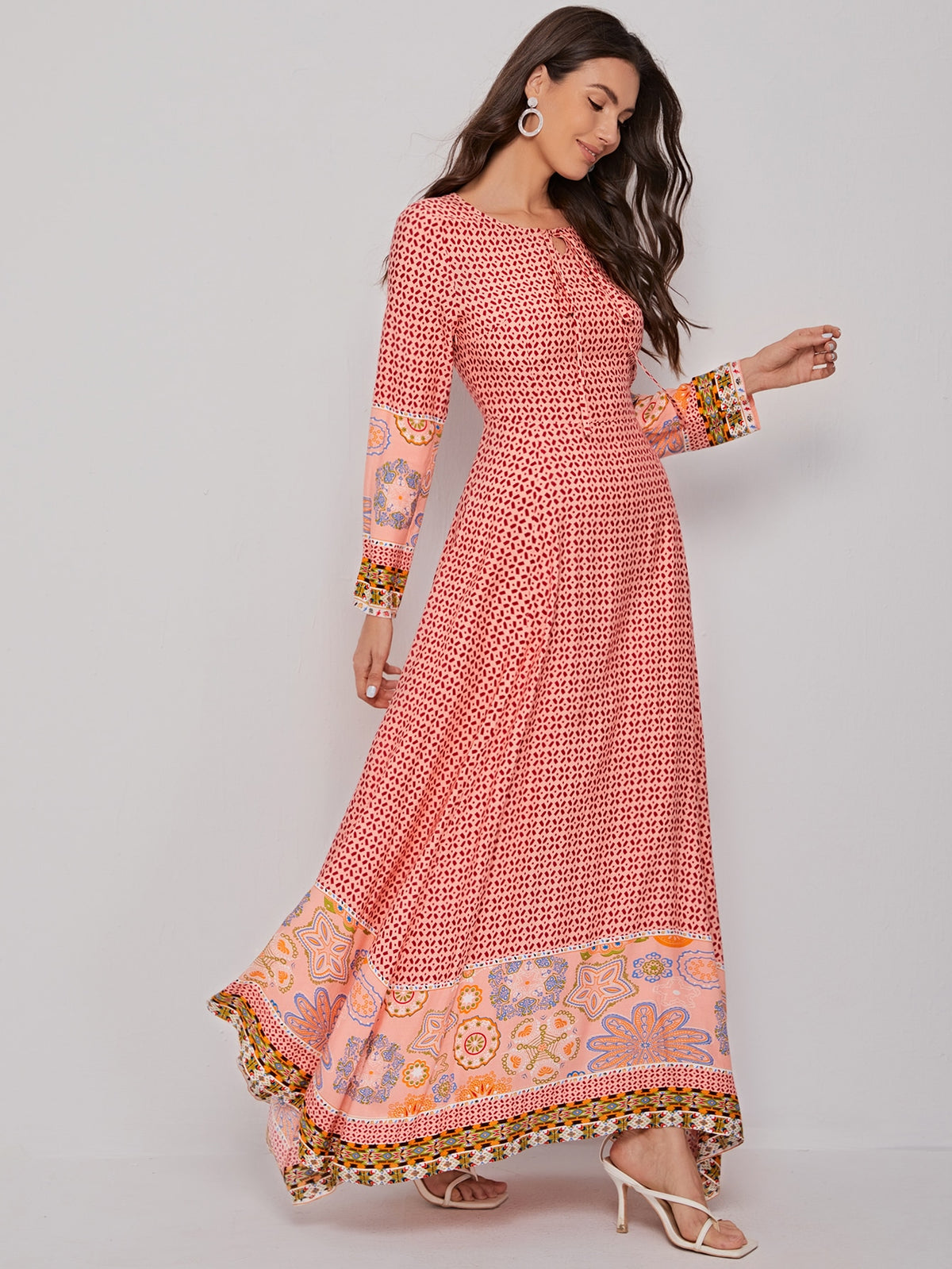 Asymmetrical Hem Dress with Tie Neck -