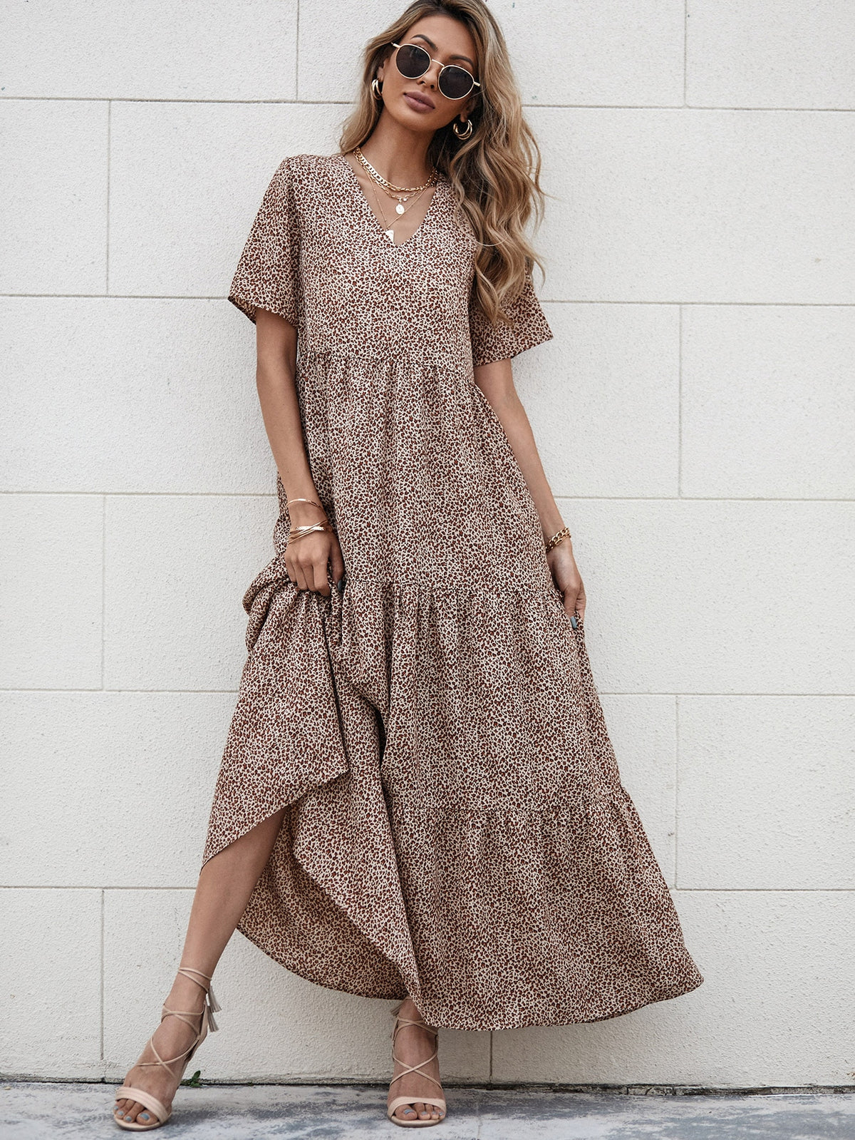 Leopard Print Smock Dress with Ruffle Hem - Multicolor / XL