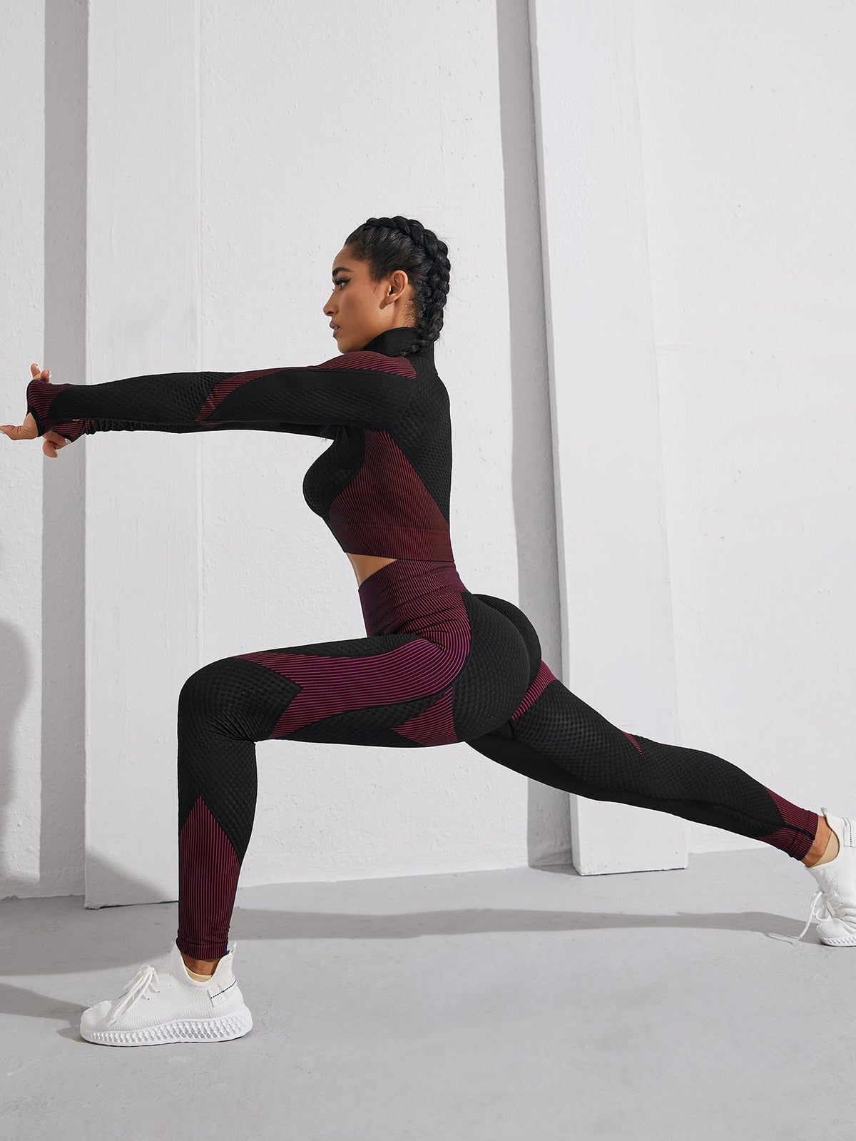 Zip Up Textured Crop Jacket & Leggings Sports Set - Multicolor / L