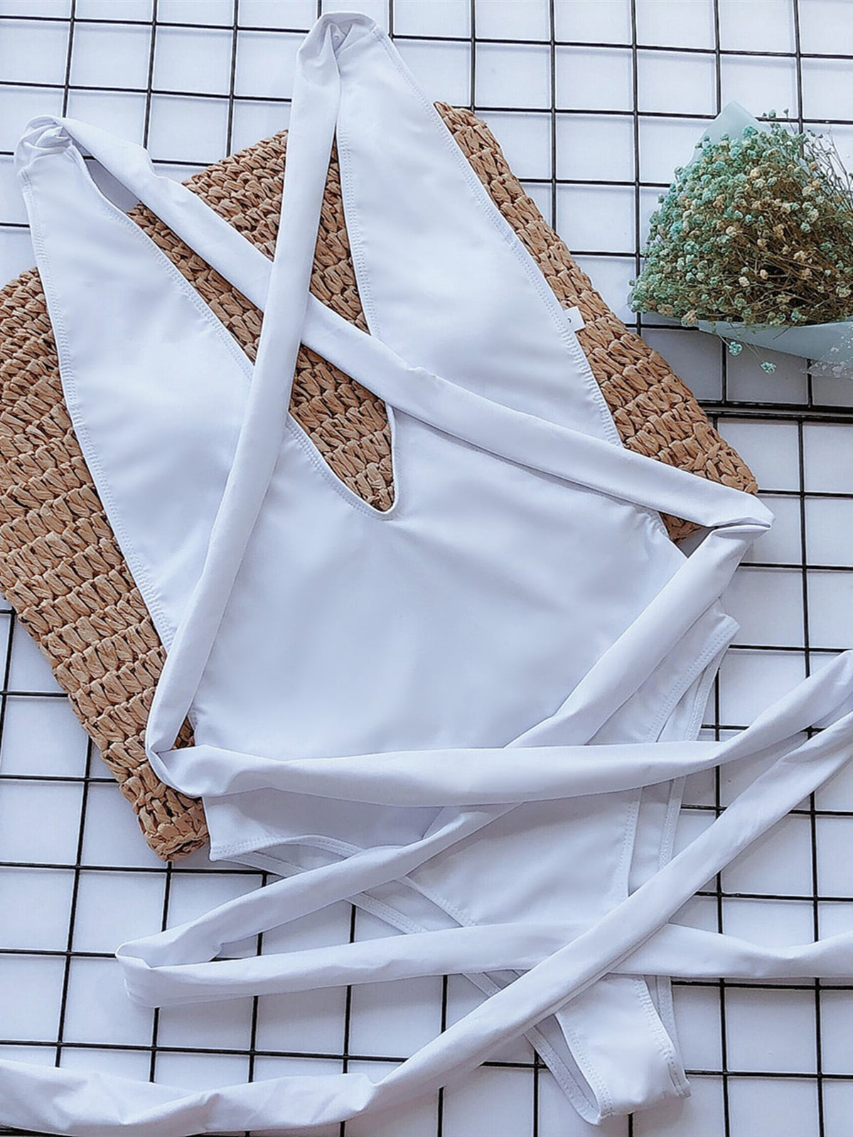 White Plunging Neck One Piece Swimsuit -