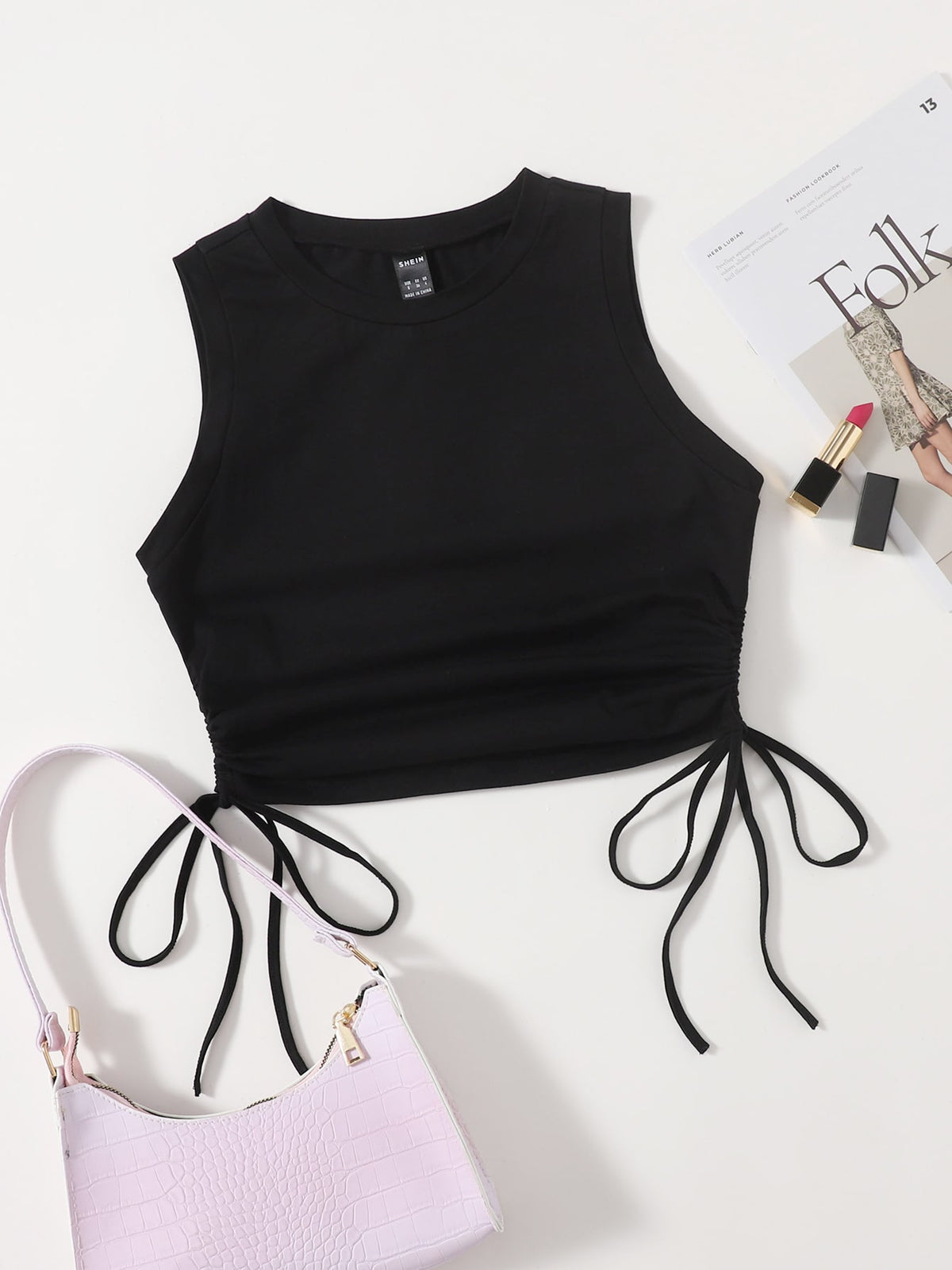 Crop Tank Top with Drawstring Side - Black / XL
