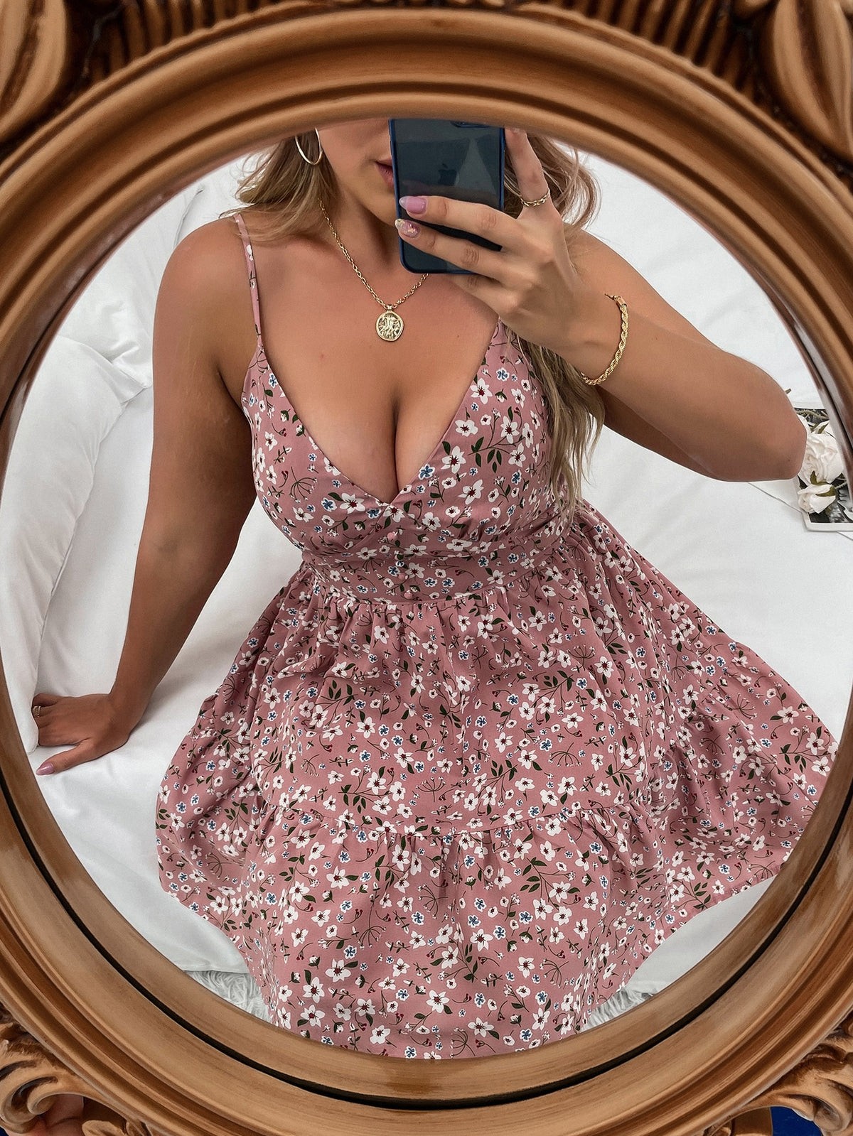 Plus Floral Shirred Back Cami Dress with Ruffle Hem -