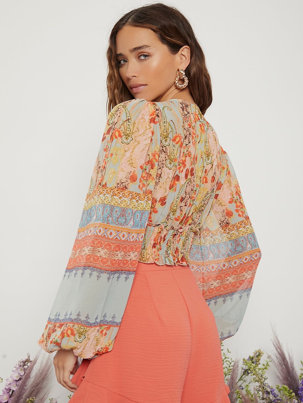 Floral and Paisley Top with Lantern Sleeve -