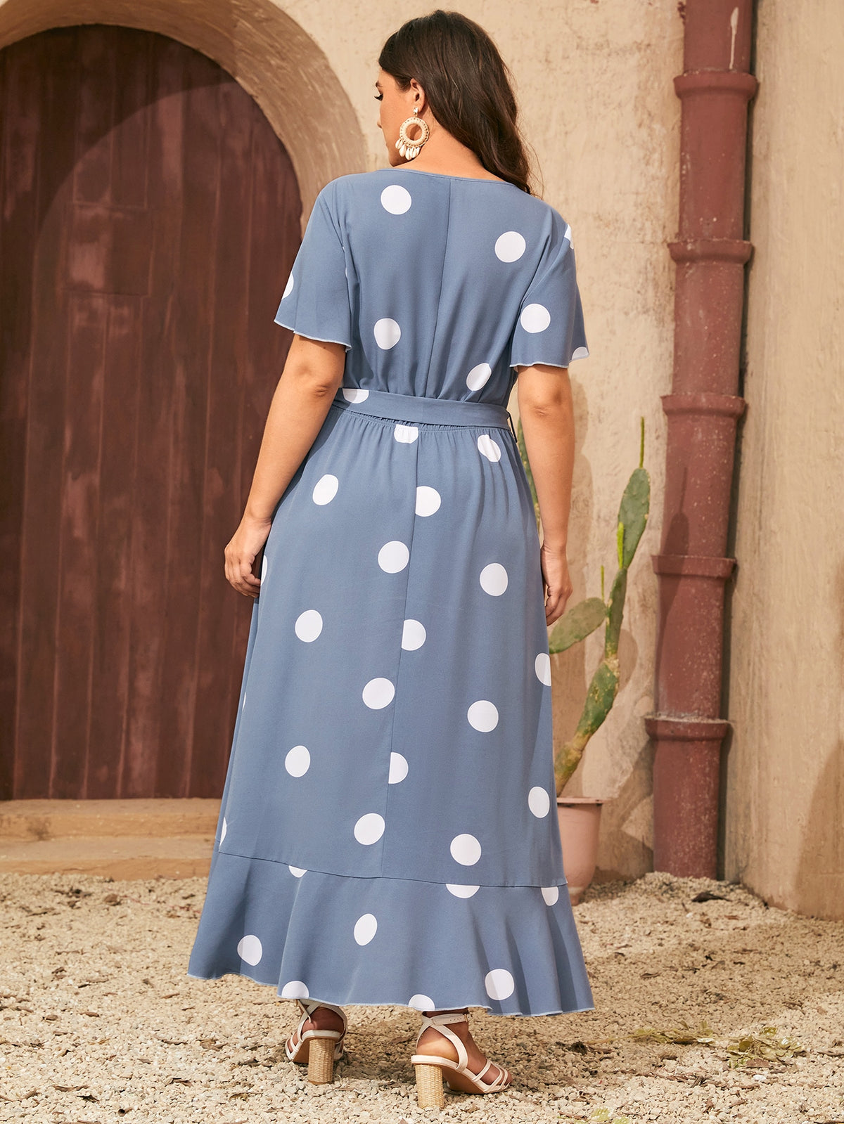 Plus Printed Polka Dot Dress with Belt