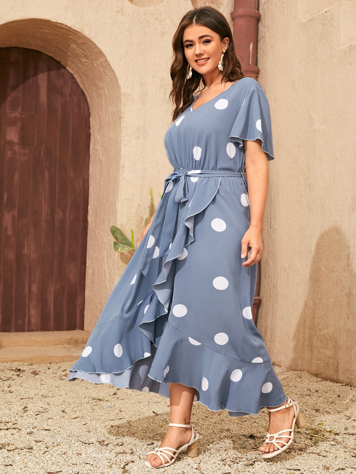 Plus Printed Polka Dot Dress with Belt