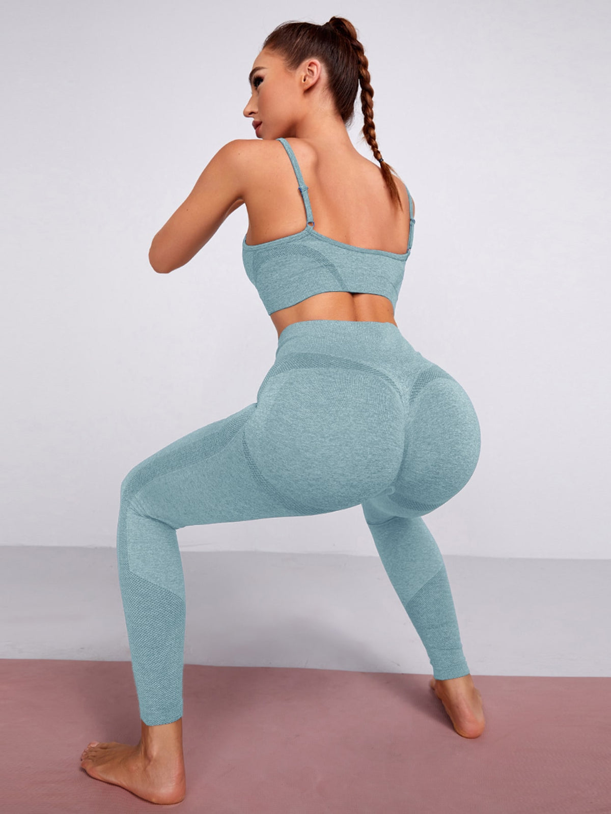 High Stretch Seamless Sports Bra & Leggings Set - Cadet Blue / L