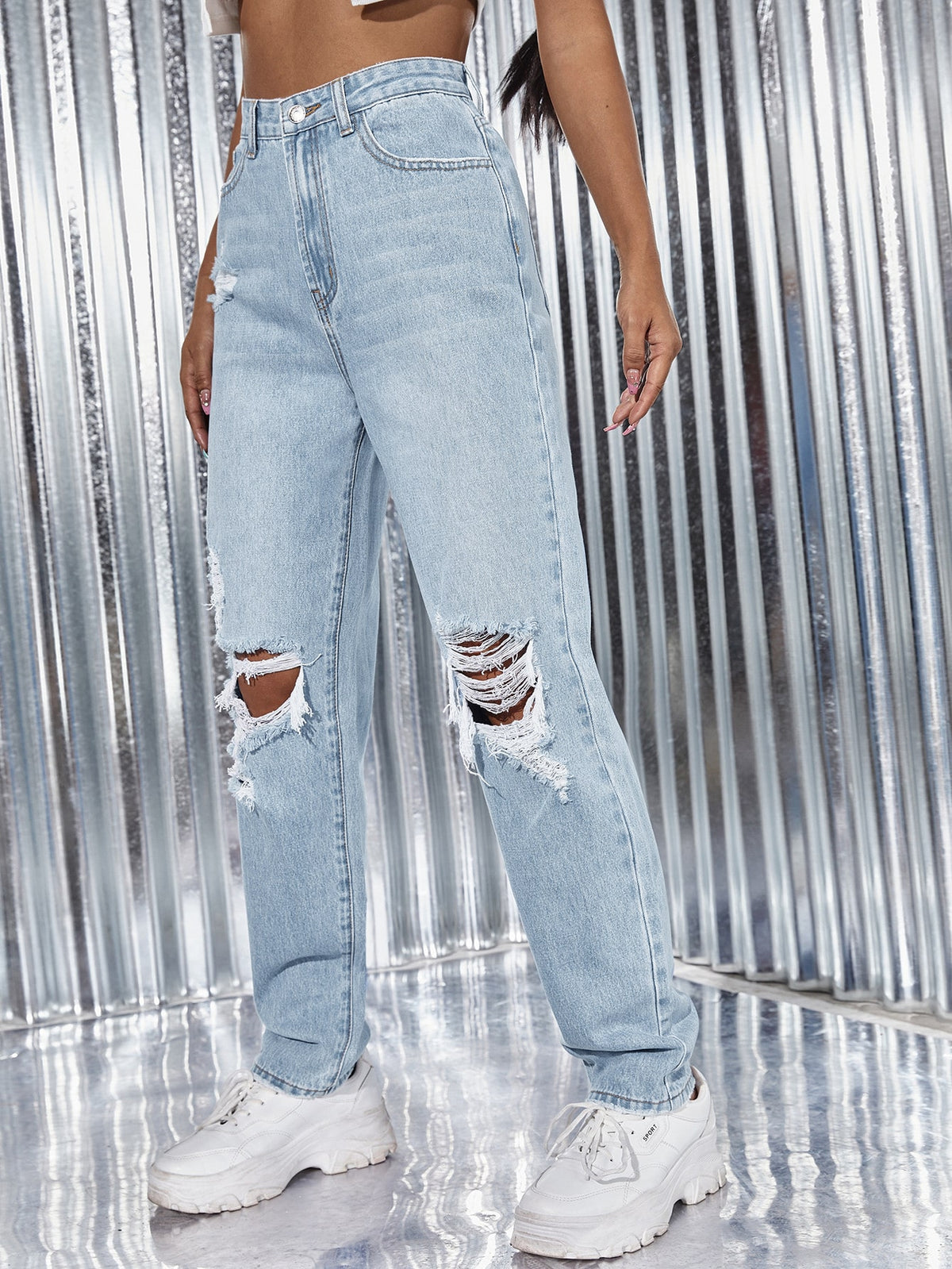 Straight Leg Jeans Light Wash with Ripped Detail