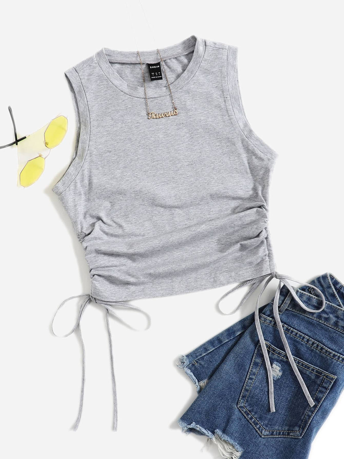 Crop Tank Top with Drawstring Side - Light Grey / XL