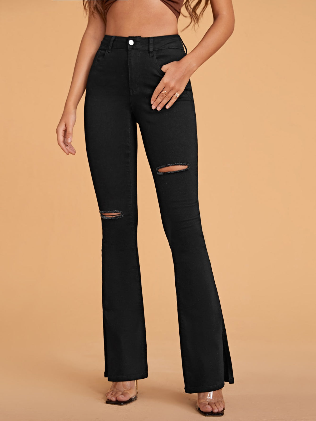 Ripped Flare Leg Jeans with High Waist -