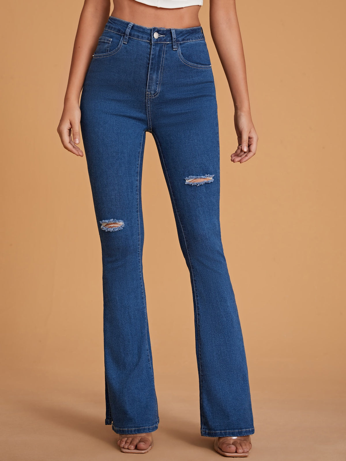 Ripped Flare Leg Jeans with High Waist -